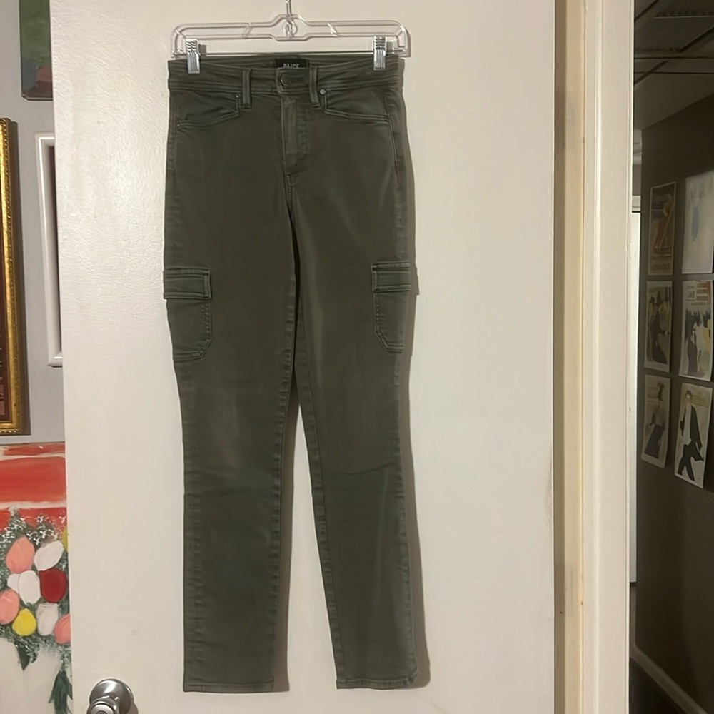 PAIGE Hoxton ankle skinny jeans. Cargo pockets. Vintage green tea color
